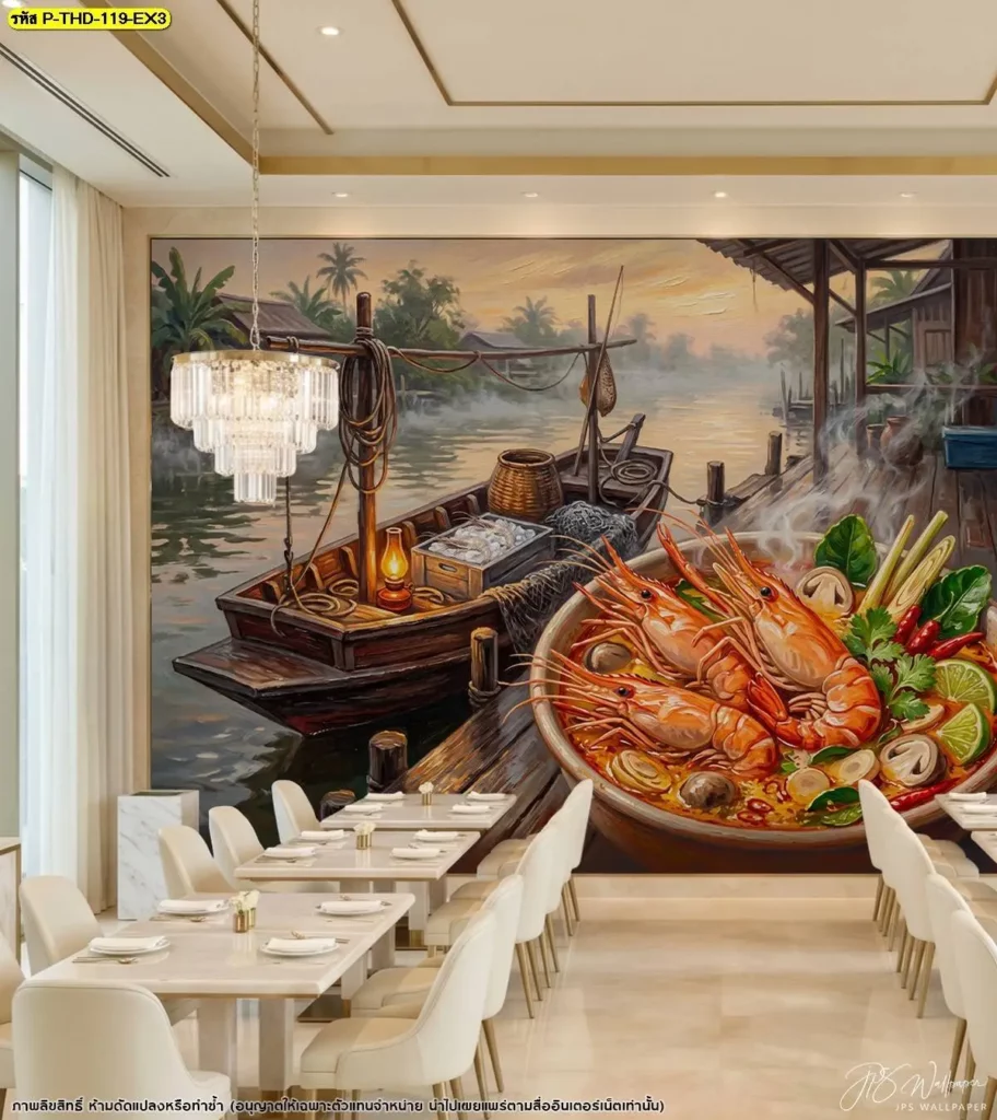 วอลเปเปอร์แต่งร้านอาหารไทยสไตล์ดั้งเดิมด้วยภาพกุ้งแม่น้ำและต้มยำ ใช้โทนสีจากอาหารและสมุนไพรเพื่อให้เข้ากับบรรยากาศร้านและเฟอร์นิเจอร์ภายใน