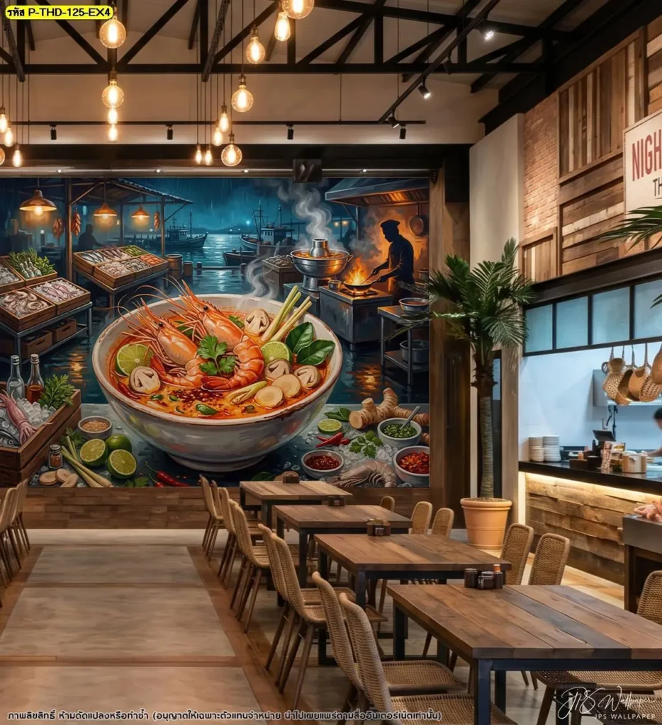 วอลเปเปอร์แต่งร้านอาหารไทยด้วยภาพต้มยำกุ้งและสมุนไพร จัดองค์ประกอบให้มองเห็นได้ชัดจากระยะนั่งรับประทานอาหาร เหมาะสำหรับผนังด้านหลังโต๊ะ