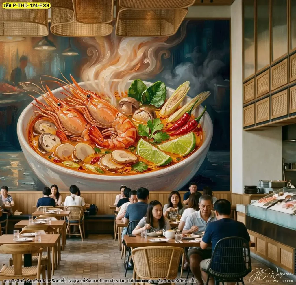 วอลเปเปอร์แต่งร้านอาหารไทยภาพต้มยำกุ้ง ใช้หม้อต้มยำและกุ้งแม่น้ำเป็นองค์ประกอบหลัก เหมาะสำหรับติดตั้งบริเวณหลังโต๊ะอาหารและผนังที่ลูกค้ามองเห็นได้ชัด