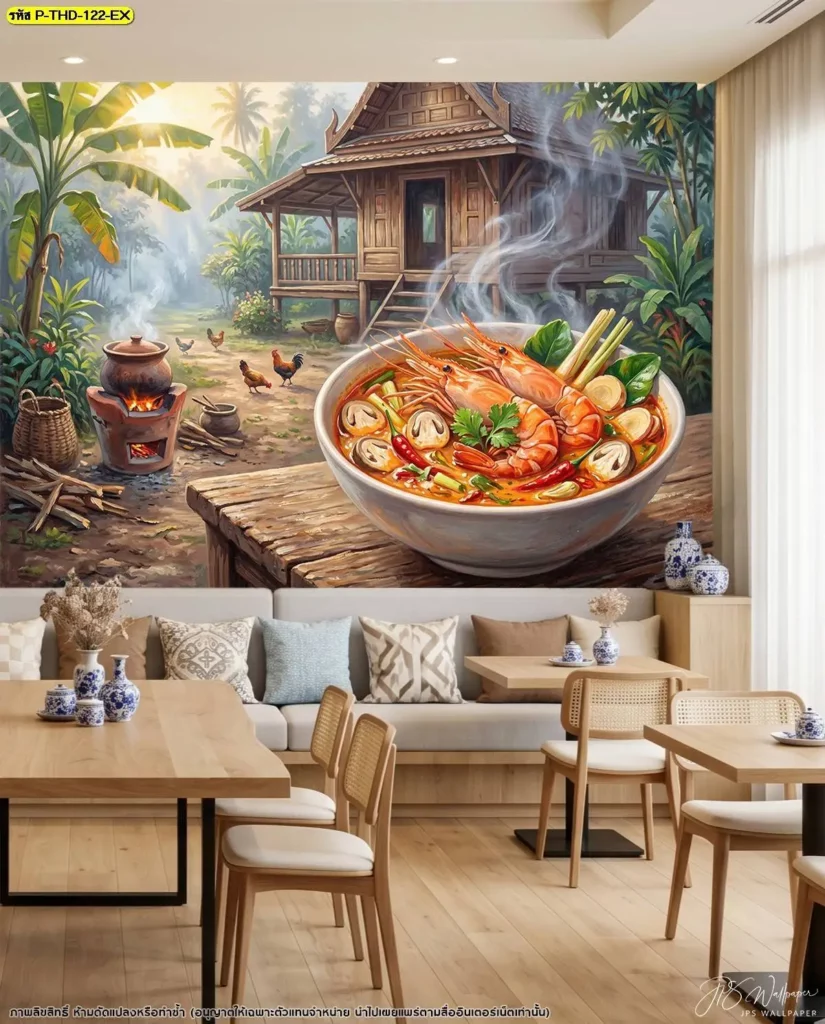 วอลเปเปอร์เมนูต้มยำกุ้งสำหรับร้านอาหาร แสดงกุ้งแม่น้ำในมุมที่เห็นรายละเอียดชัด พร้อมองค์ประกอบของอาหารไทย เหมาะสำหรับใช้ตกแต่งผนังบริเวณที่ลูกค้าสามารถมองเห็นได้ตลอดการรับประทานอาหาร