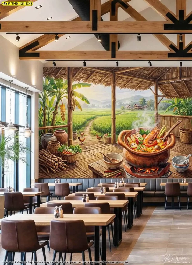 รับติดตั้งวอลเปเปอร์ภาพอาหารสำหรับร้านอาหารไทย โดยวางตำแหน่งภาพต้มยำกุ้งให้เหมาะกับระดับสายตาและพื้นที่ใช้งาน เพื่อให้ลูกค้ามองเห็นภาพได้อย่างชัดเจน