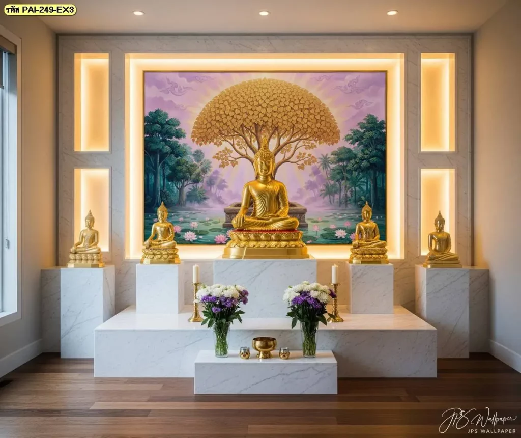 รับผลิตวอลเปเปอร์ภาพต้นโพธิ์สำหรับห้องพระและสถานปฏิบัติธรรม สามารถปรับขนาดภาพให้เหมาะกับผนังจริงและจัดตำแหน่งองค์ประกอบให้สัมพันธ์กับพื้นที่ติดตั้ง
