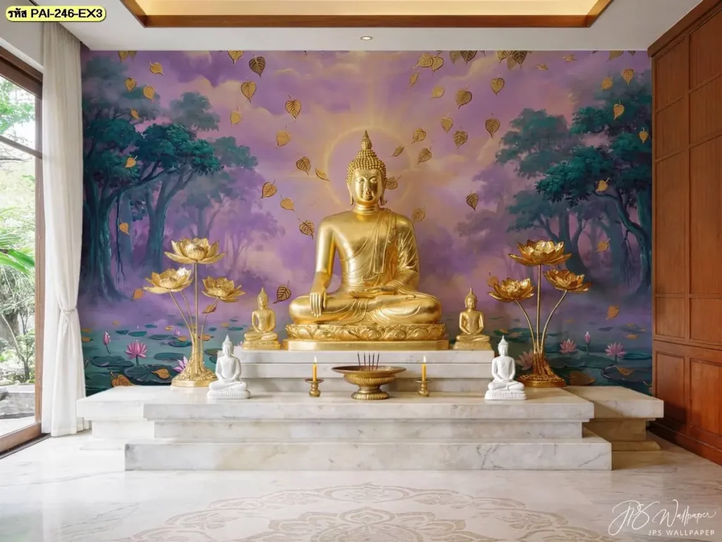 ภาพใบโพธิ์แต่งสถานปฏิบัติธรรม ใช้ใบโพธิ์เป็นองค์ประกอบหลักบนผนัง เหมาะสำหรับพื้นที่นั่งสมาธิและสถานที่ที่ต้องการตกแต่งด้วยภาพที่มีรูปแบบเรียบง่าย