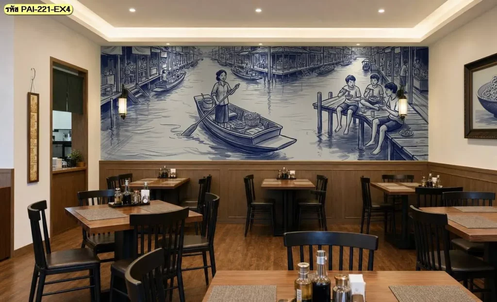 ภาพบรรยากาศคลองไทยแต่งร้านอาหาร ถ่ายทอดเรือ บ้าน และทางเดินริมคลอง เหมาะสำหรับร้านผลิตวอลเปเปอร์ที่ต้องการภาพต่อเนื่องสำหรับผนังร้านอาหารไทย