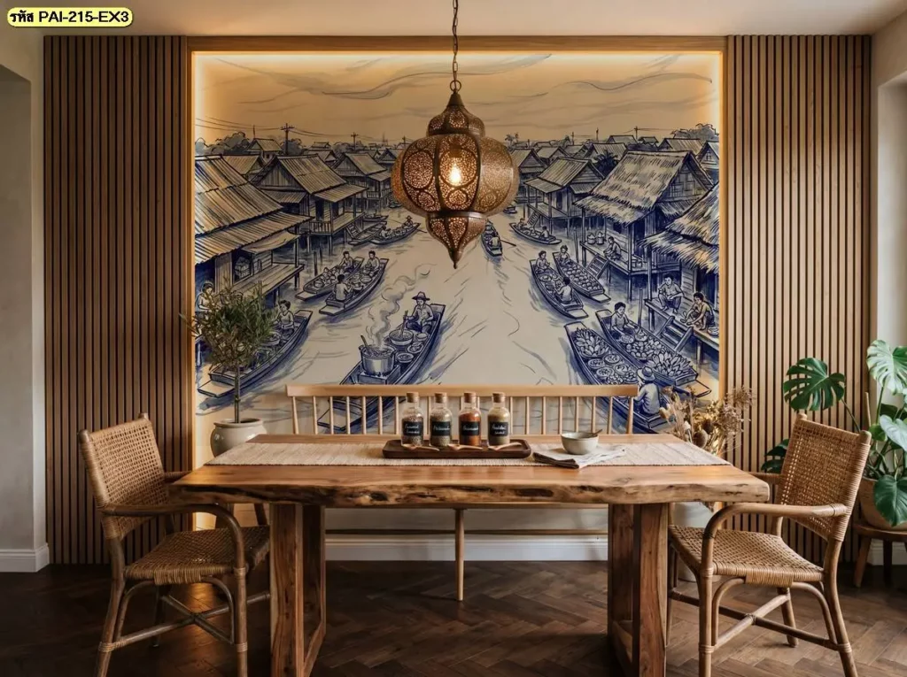 ภาพชุมชนริมน้ำไทยสำหรับตกแต่งร้าน ถ่ายทอดวิถีชีวิตริมคลองผ่านเส้นและองค์ประกอบแบบไทย เหมาะกับร้านผลิตวอลเปเปอร์ที่รับทำภาพตามขนาดผนังจริง