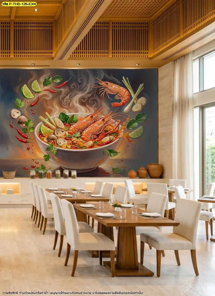 River Prawn Tom Yum Wall Art แสดงกุ้งแม่น้ำ หม้อต้มยำ และวัตถุดิบไทย เหมาะสำหรับตกแต่งผนังร้านอาหารไทยที่ต้องการใช้เมนูอาหารเป็นองค์ประกอบของร้าน