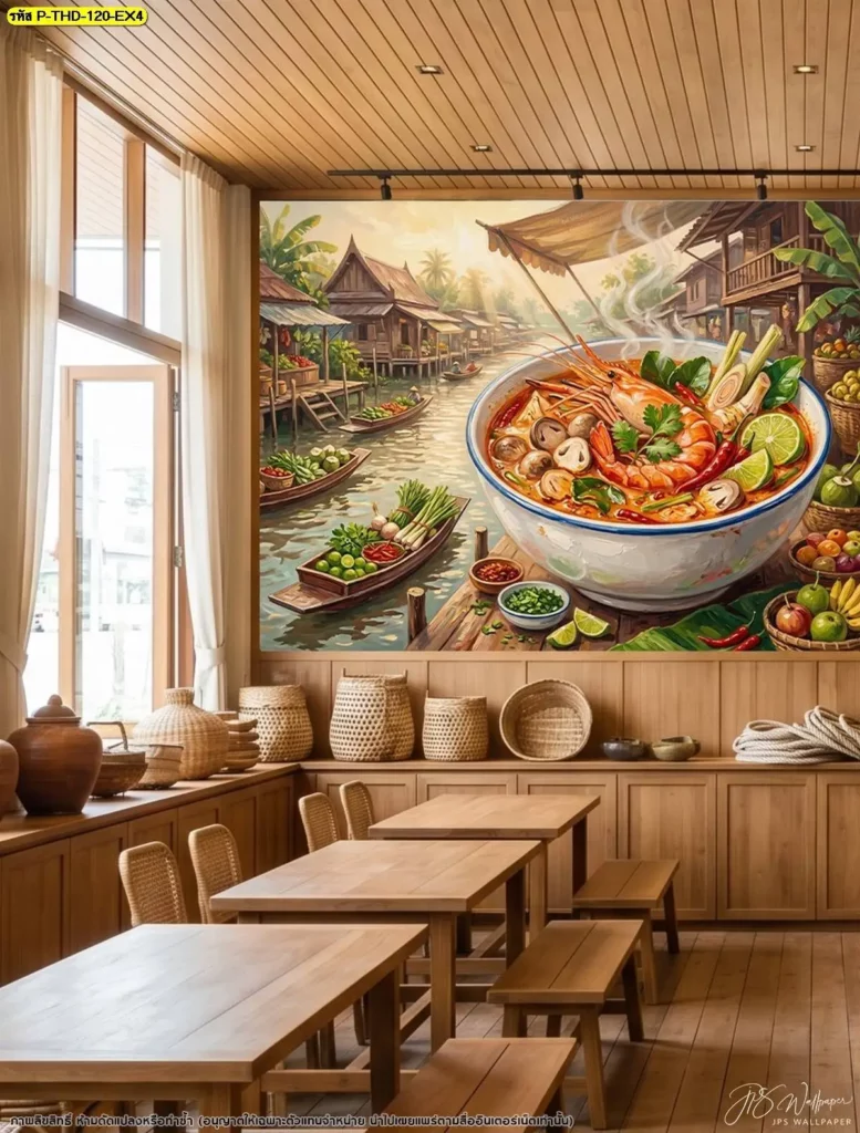 วอลเปเปอร์ลายต้มยำกุ้งแต่งร้านสำหรับผนังขนาดใหญ่ แสดงหม้อต้มยำและกุ้งแม่น้ำอย่างชัดเจน เหมาะสำหรับสร้างผนังไฮไลต์ในร้านอาหารไทย