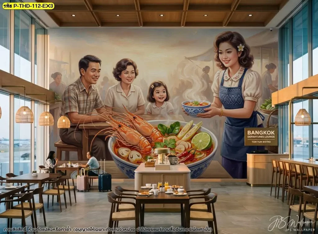 ภาพแต่งร้านอาหารต้มยำกุ้ง เน้นกุ้งแม่น้ำ หม้อต้มยำ พริก และสมุนไพรไทย เหมาะสำหรับตกแต่งผนังร้านอาหารไทยดั้งเดิมให้สัมพันธ์กับเมนูของร้าน