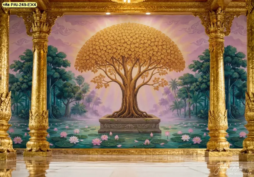 Golden Bodhi Tree Buddhist Art แสดงต้นโพธิ์สีทองในรูปแบบพุทธศิลป์ เหมาะสำหรับใช้เป็นภาพตกแต่งผนังในห้องพระ สถานปฏิบัติธรรม และพื้นที่นั่งสมาธิ