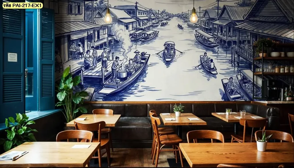 ภาพวิถีชีวิตชุมชนริมคลองไทยสำหรับร้านอาหาร แสดงบ้านไม้ เรือ และผู้คนในบรรยากาศแบบไทย เหมาะกับบริการรับผลิตวอลเปเปอร์แบบกำหนดขนาดตามพื้นที่