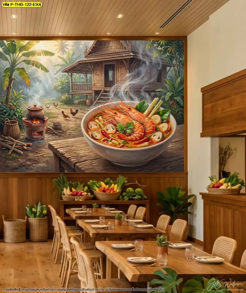 ร้านผลิตวอลเปเปอร์ออกแบบภาพต้มยำกุ้งแม่น้ำสำหรับผนังร้านอาหาร โดยคำนึงถึงตำแหน่งโต๊ะ ประตู หน้าต่าง และเฟอร์นิเจอร์ เพื่อให้ภาพสำคัญยังคงมองเห็นได้ชัดเจน