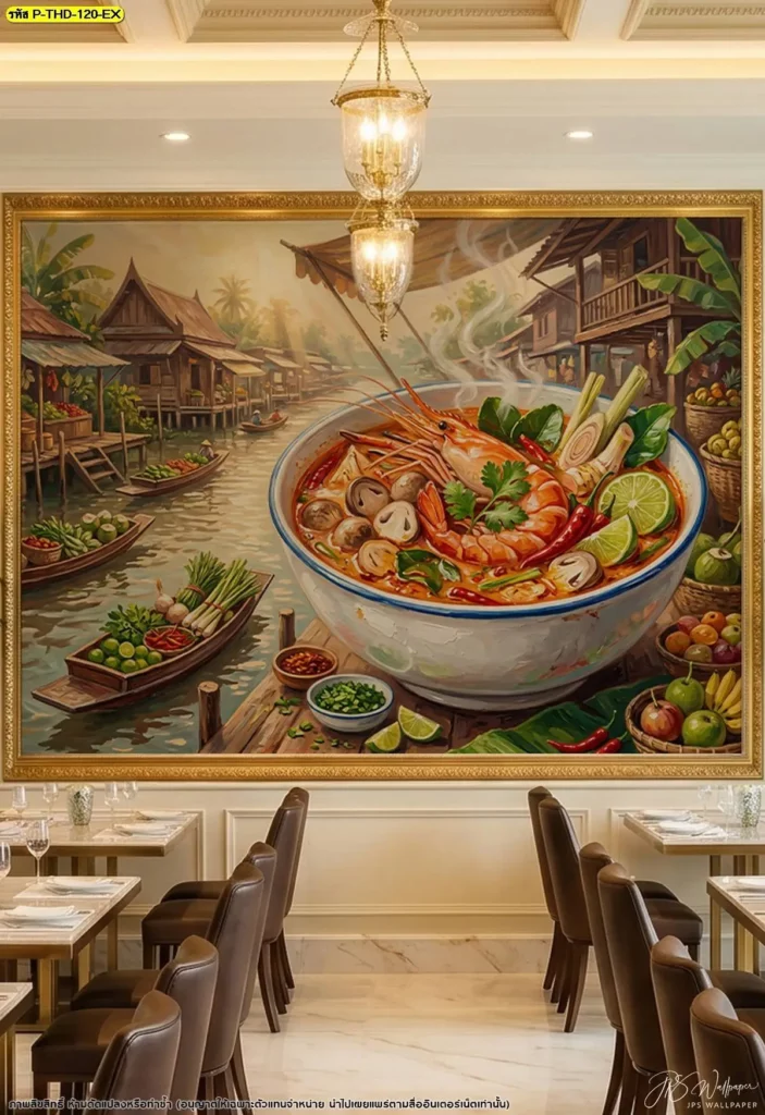 วอลเปเปอร์แต่งร้านอาหารไทยลายต้มยำกุ้ง ใช้ภาพอาหารเป็นจุดนำสายตา พร้อมสมุนไพรไทยและเครื่องต้มยำ เหมาะสำหรับผนังหลังโต๊ะอาหาร