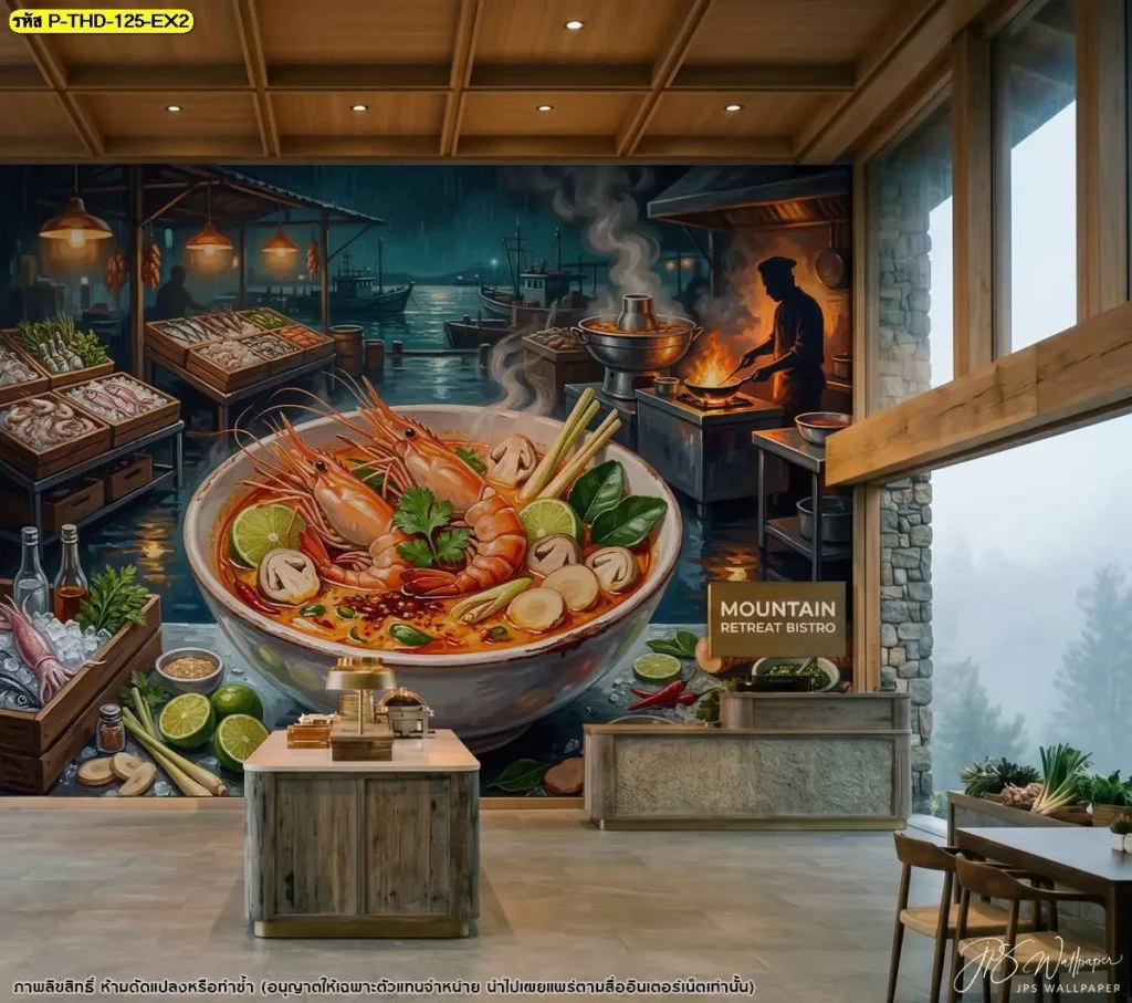 ภาพต้มยำกุ้งตกแต่งร้านอาหารไทย เน้นกุ้งแม่น้ำเป็นจุดเด่น พร้อมหม้อต้มยำและเครื่องสมุนไพร เหมาะสำหรับสร้างผนังไฮไลต์ที่เชื่อมโยงกับเมนูอาหาร