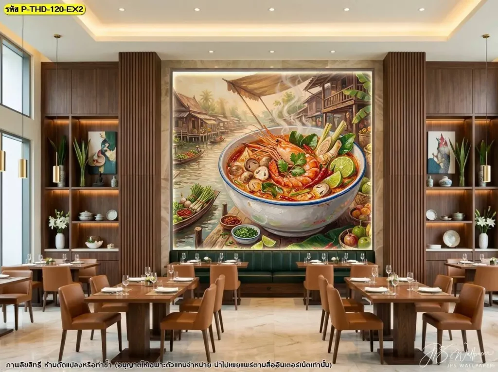 River Prawn Tom Yum Wall Art แสดงกุ้งแม่น้ำ หม้อต้มยำ และวัตถุดิบไทย เหมาะสำหรับตกแต่งผนังร้านอาหารไทยที่ต้องการใช้เมนูอาหารเป็นองค์ประกอบของร้าน