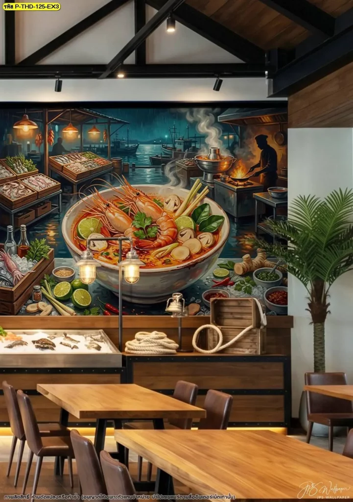 ภาพแต่งร้านอาหารต้มยำกุ้ง แสดงองค์ประกอบของอาหารไทย เช่น ตะไคร้ ใบมะกรูด พริก และกุ้ง เหมาะสำหรับร้านที่ต้องการใช้วัตถุดิบเป็นแนวคิดในการตกแต่ง