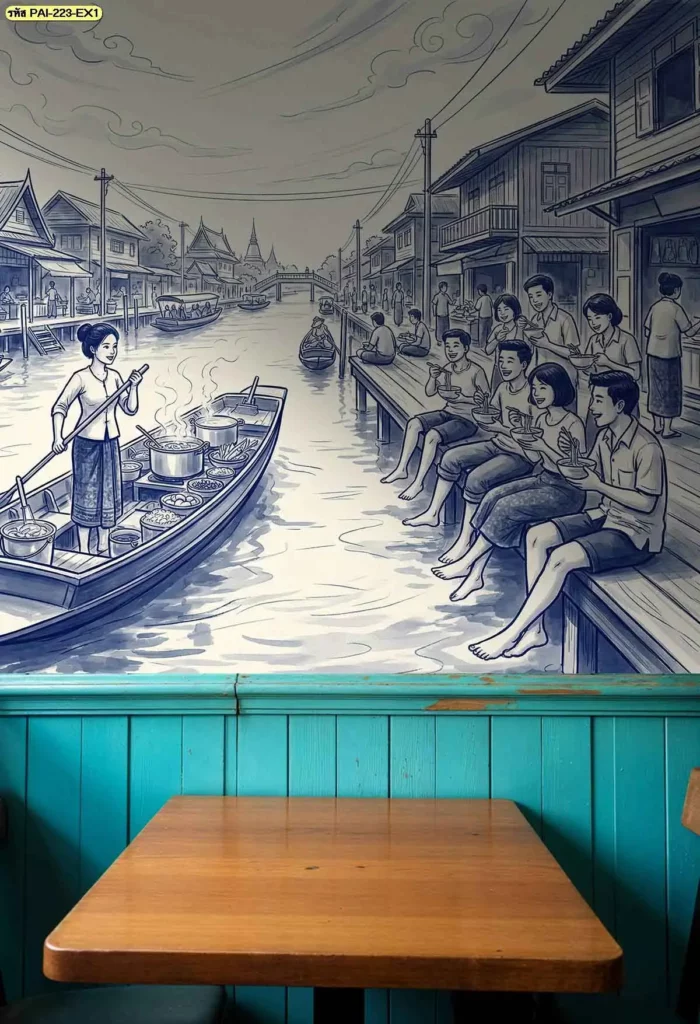 ภาพวาดวิถีไทยสำหรับตกแต่งร้าน แสดงผู้คน บ้านไม้ และกิจกรรมในชุมชน เหมาะสำหรับรับผลิตวอลเปเปอร์ตามขนาดผนังจริงสำหรับร้านอาหารและร้านกาแฟ