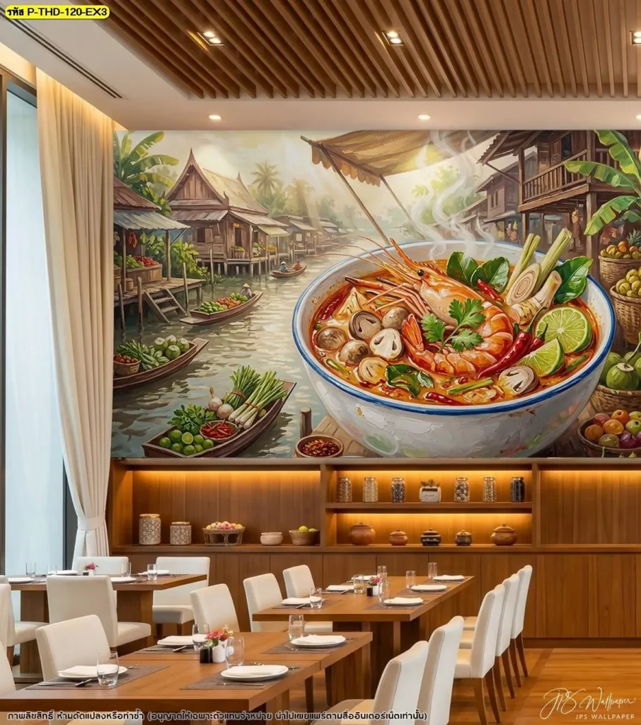 รูปต้มยำกุ้งแม่น้ำสำหรับตกแต่งร้าน เน้นตัวกุ้งขนาดใหญ่และหม้อต้มยำ เหมาะสำหรับใช้เป็นภาพเด่นบริเวณผนังร้านอาหารไทยและพื้นที่หลังโต๊ะอาหาร