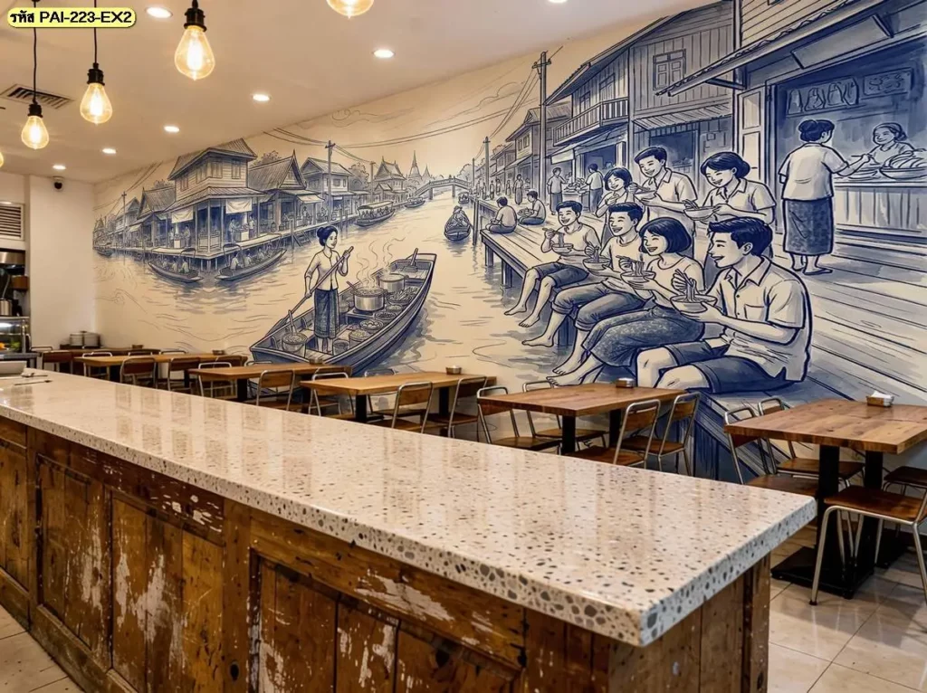 ภาพวาดวิถีไทยสำหรับตกแต่งร้าน แสดงตลาดและการใช้ชีวิตของผู้คนในชุมชน เหมาะสำหรับรับผลิตวอลเปเปอร์เพื่อสร้างจุดเด่นบนผนังร้านอาหารไทย