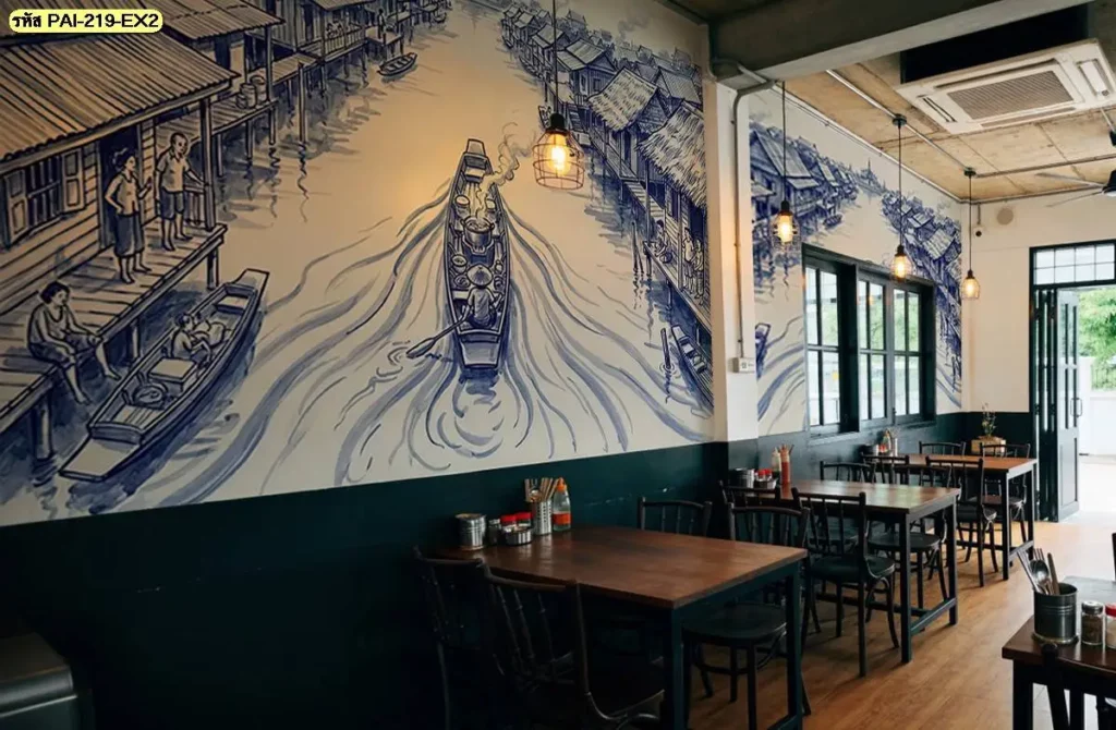 วอลเปเปอร์ภาพตลาดโบราณไทย แสดงร้านค้าและบรรยากาศการค้าขายในชุมชนริมน้ำ เหมาะสำหรับใช้เป็นภาพหลักบนผนังร้านอาหารไทยและร้านอาหารไทยดั้งเดิม